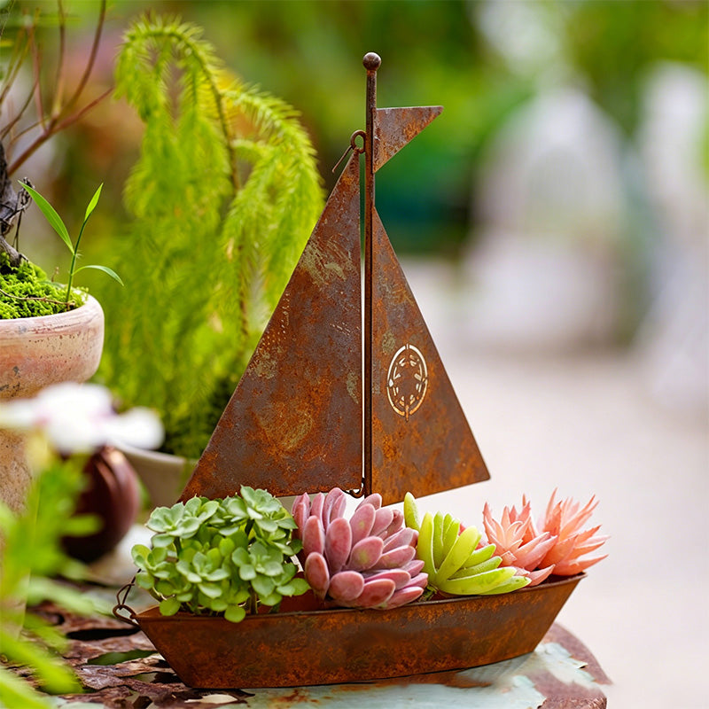 Rustic Sailboat Metal Planter – Handcrafted, weather-resistant & perfect for succulents, herbs or flowers – charming garden or shelf decor