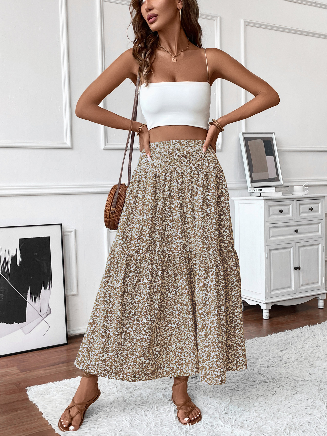 Floral print three-layer patchwork long skirt - Buy 2 items and get free shipping！
