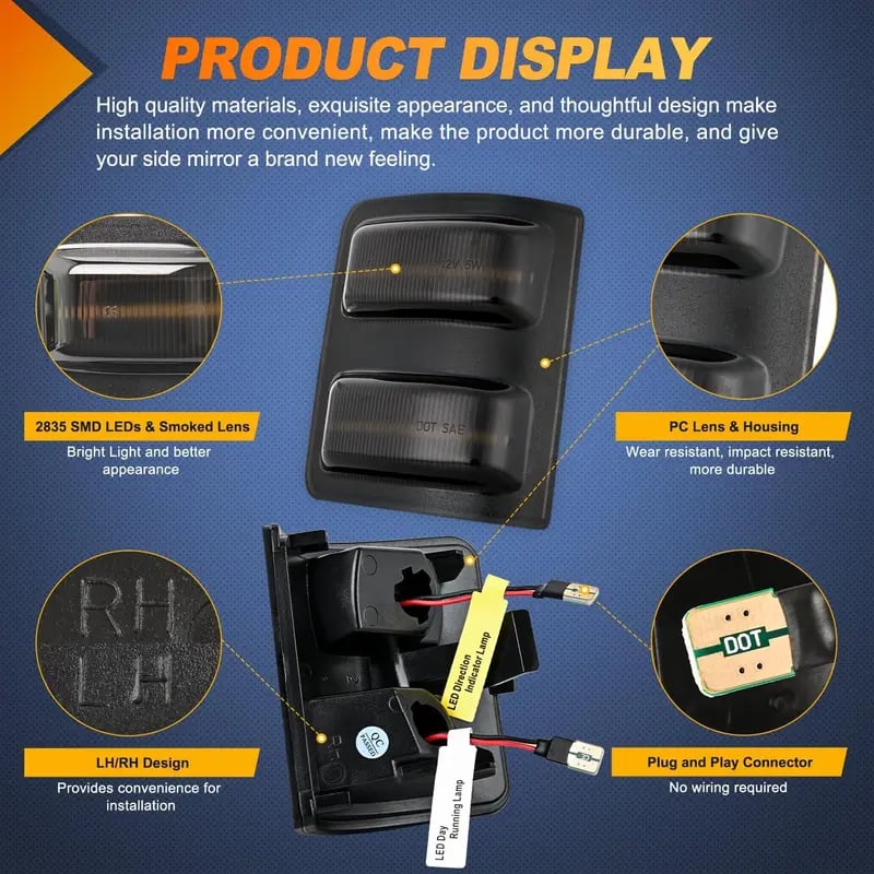 Dual-Color LED Truck Mirror Lights – Amber Turn Signal, White Parking Light, Smoked Lens, Plug-and-Play