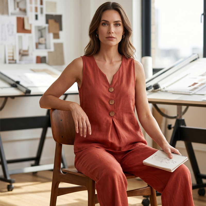 🏆 Best-Seller- Women's 2-Piece Set: V-Neck Button-Front Sleeveless Top & Trousers