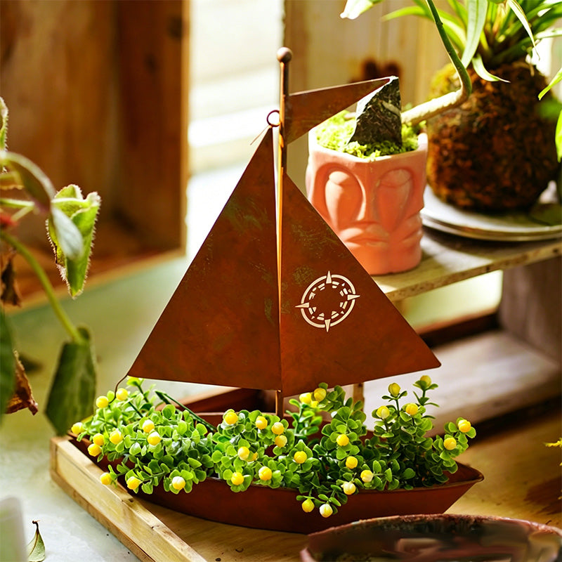 Rustic Sailboat Metal Planter – Handcrafted, weather-resistant & perfect for succulents, herbs or flowers – charming garden or shelf decor
