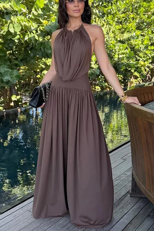 Lightweight Chic Metal Ring Drape Cowl Halter Neck Bodysuit and Elastic Waist Wide Leg Pants Set