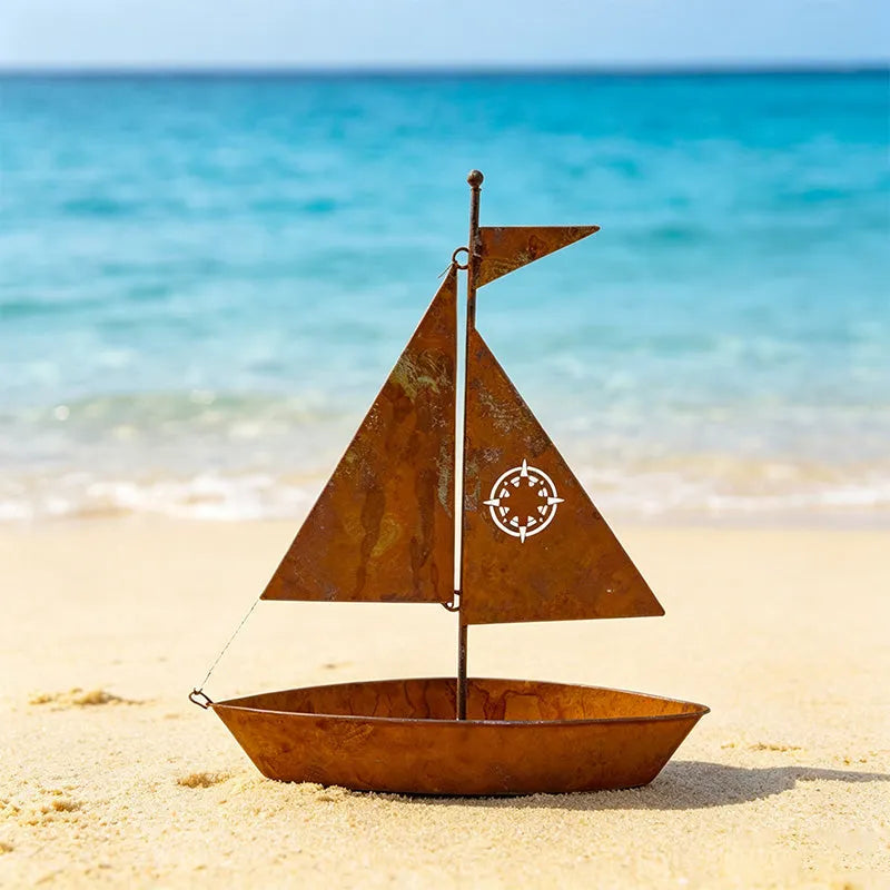 Rustic Sailboat Metal Planter – Handcrafted, weather-resistant & perfect for succulents, herbs or flowers – charming garden or shelf decor