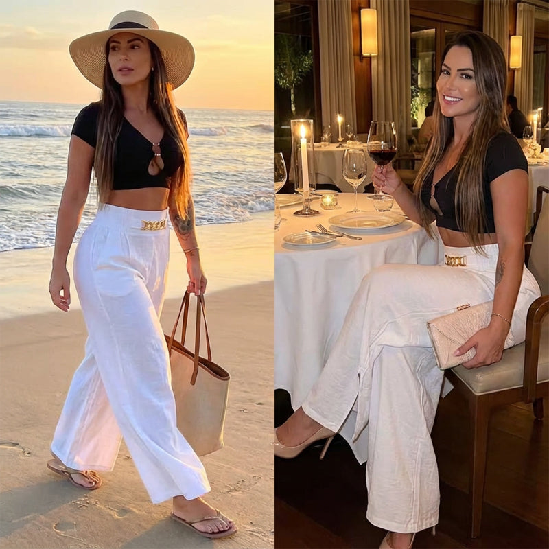 Women's Solid-Color High-Waisted Wide-Leg Pants