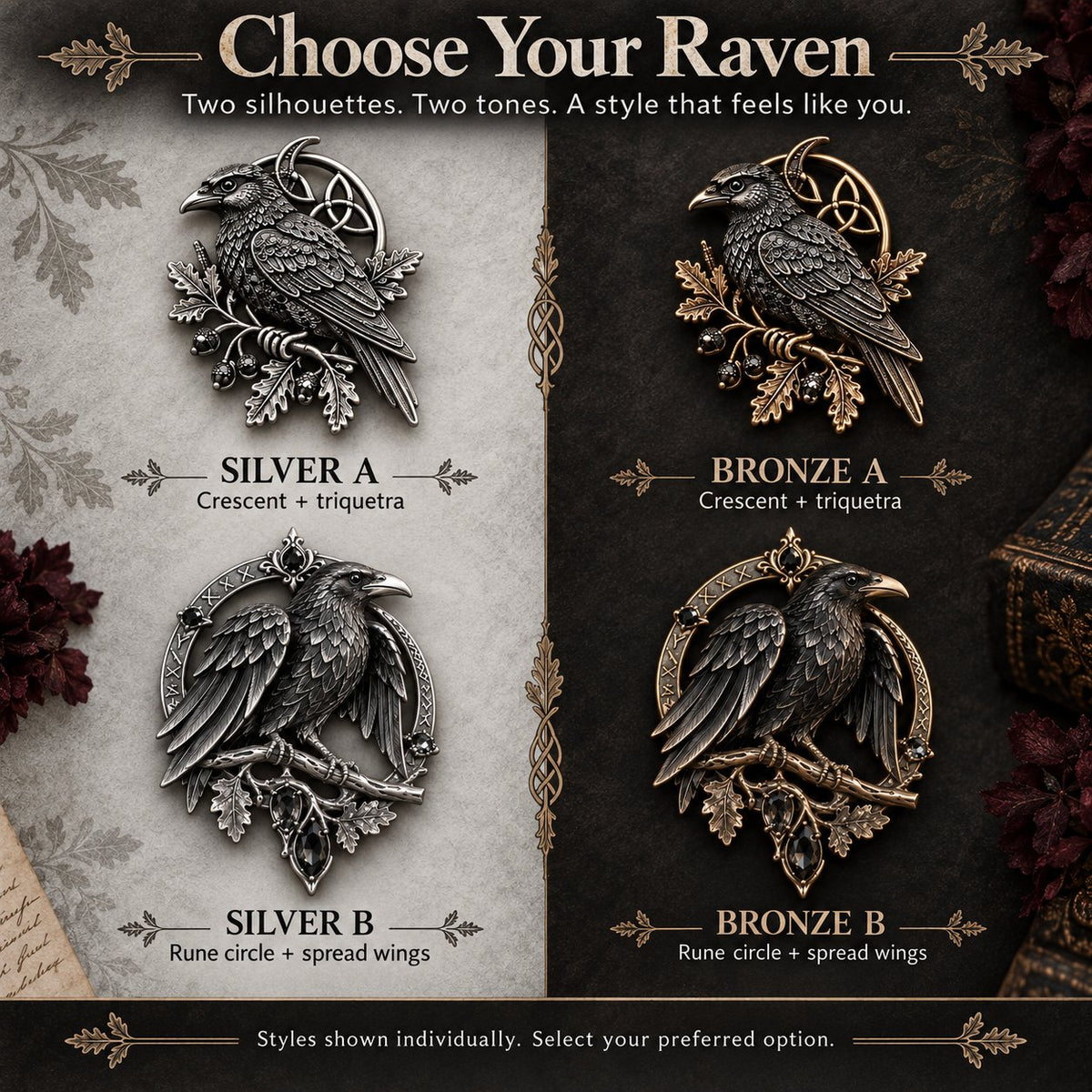🐦‍⬛ Gothic Celtic Raven Brooch | 4 Single-Brooch Styles