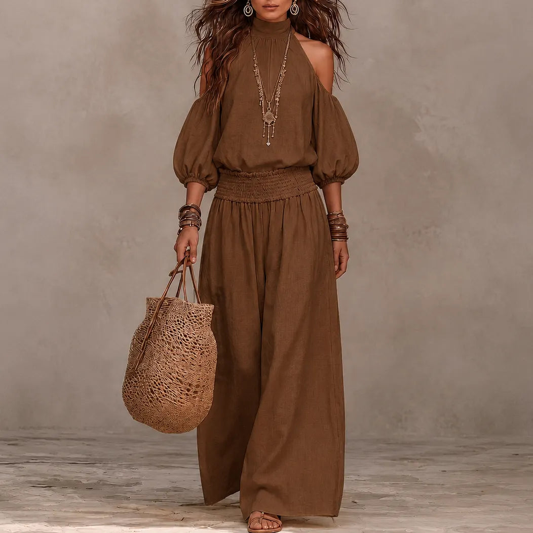 Cold Shoulder Wide Leg Pants Set