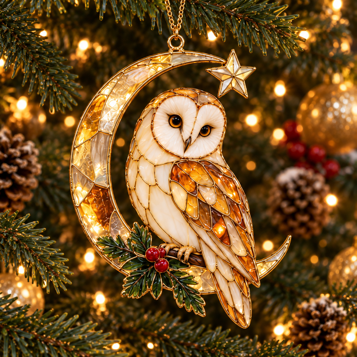 Woodland Christmas Owls – Vintage Stained Glass Style Christmas Ornaments, Set of 6