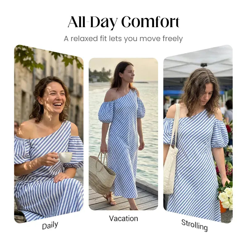 Women Striped Off Shoulder Dress – Elegant Flowy Summer Chic