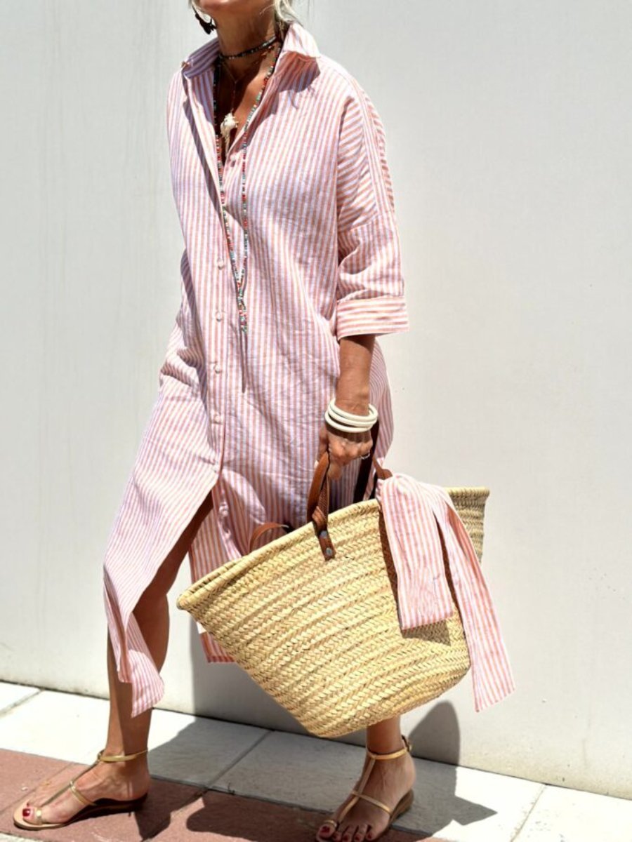 Classic Striped Lace-Up Shirt Dress