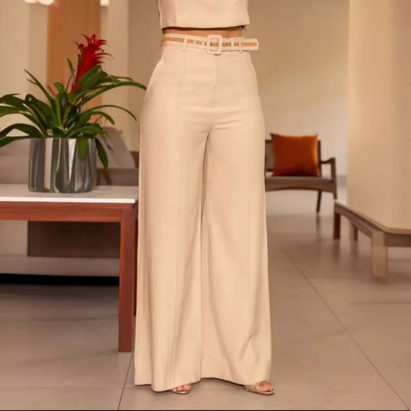 Solid Color Slim Fit Sleeveless Crew Neck Top and High Waist Pocket Wide Leg Pants Set