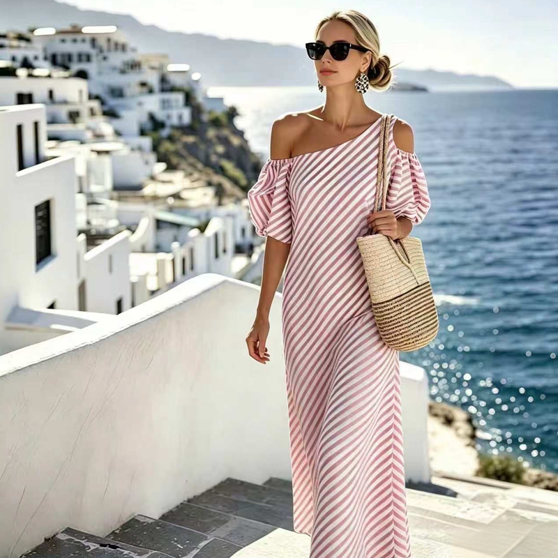 Women Striped Off Shoulder Dress – Elegant Flowy Summer Chic