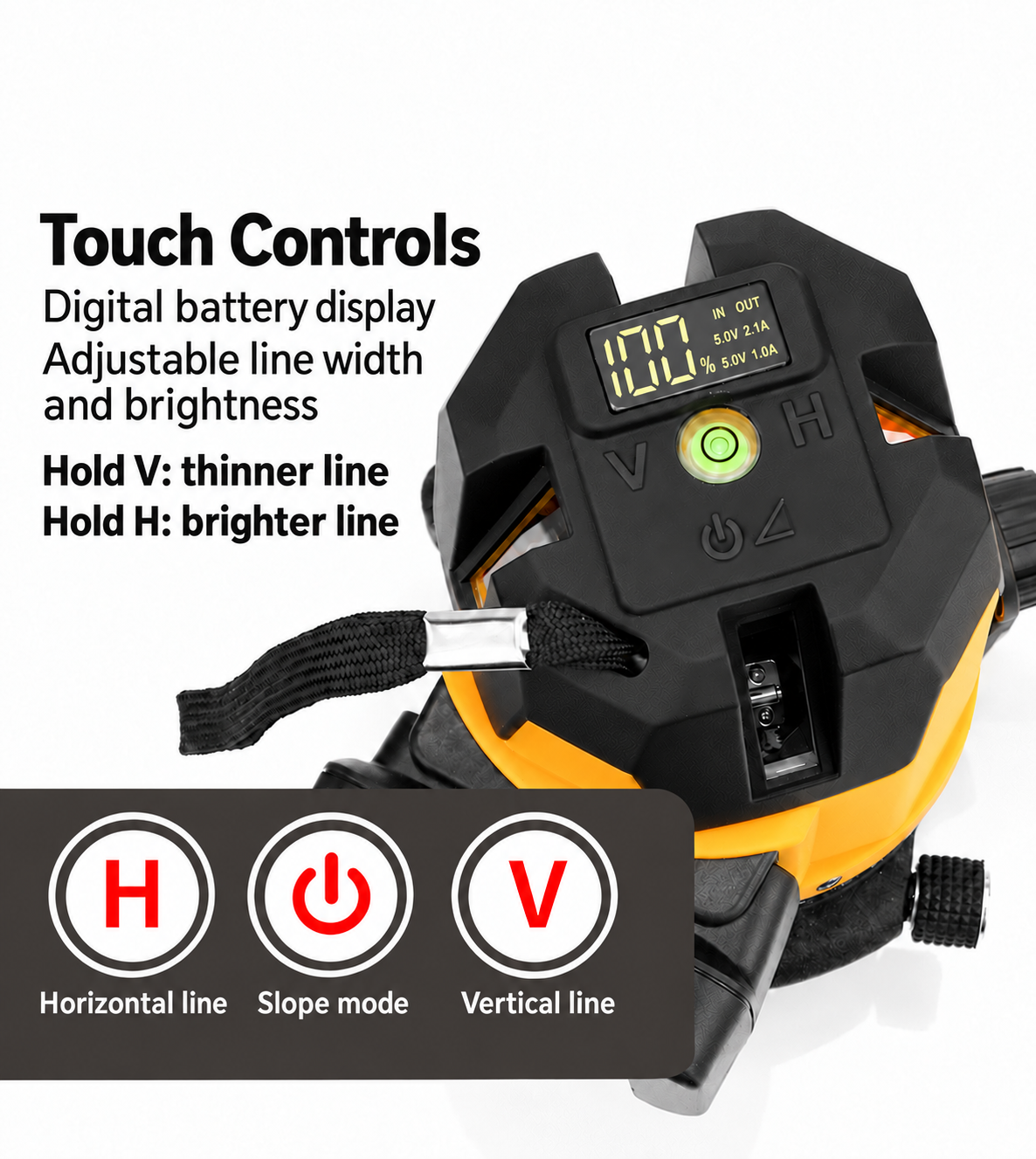 Laser level touch controls, digital battery display, horizontal and vertical line controls