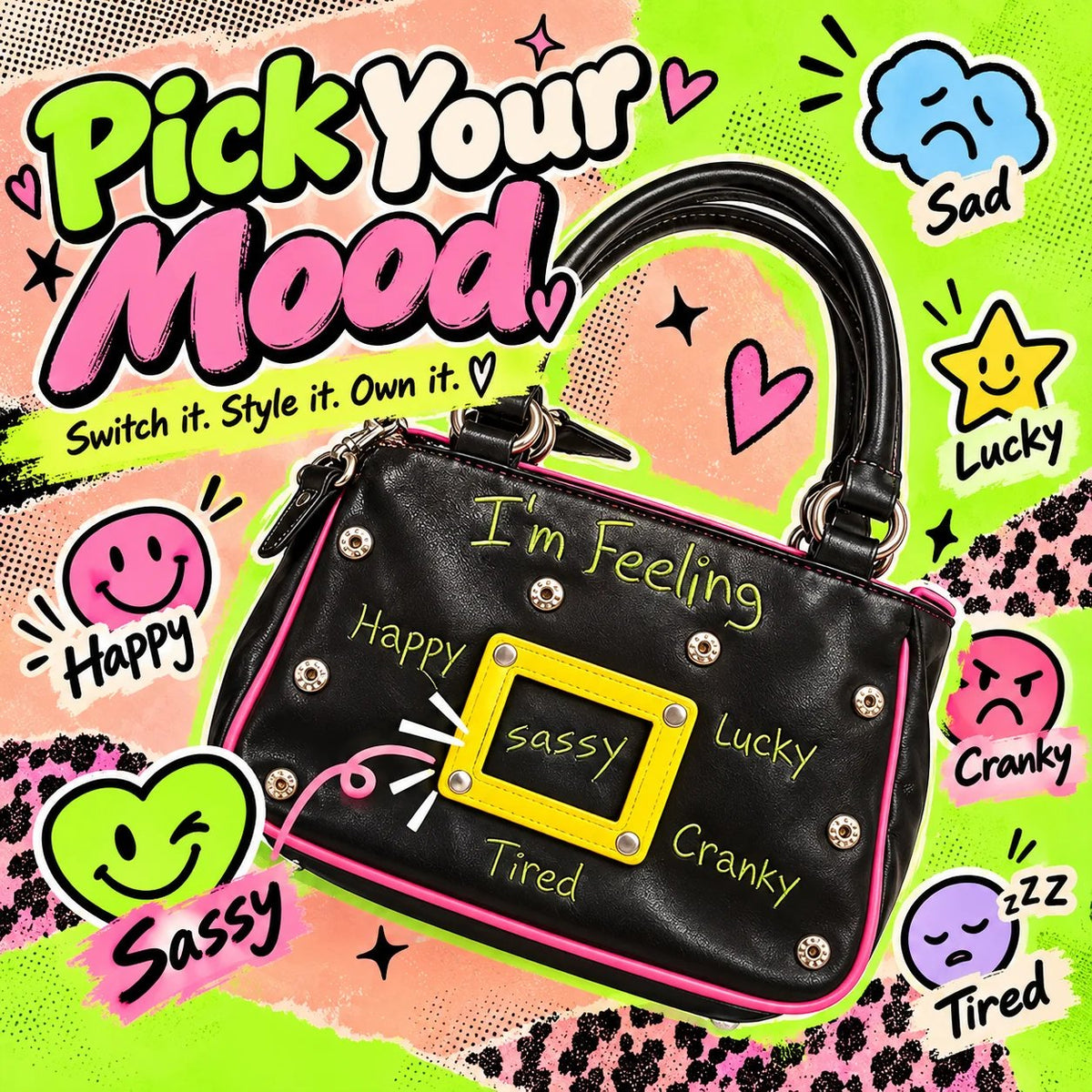 🔥 Y2K Mood Shoulder Bag – Change Your Mood, Change Your Style! Trendy Purse with Interchangeable Embroidered Patches & Buckle Display Window