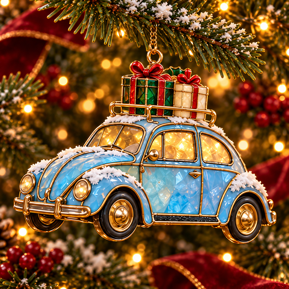 Vintage Christmas Rides – 6-Piece Stained-Glass Style Car Ornament Set