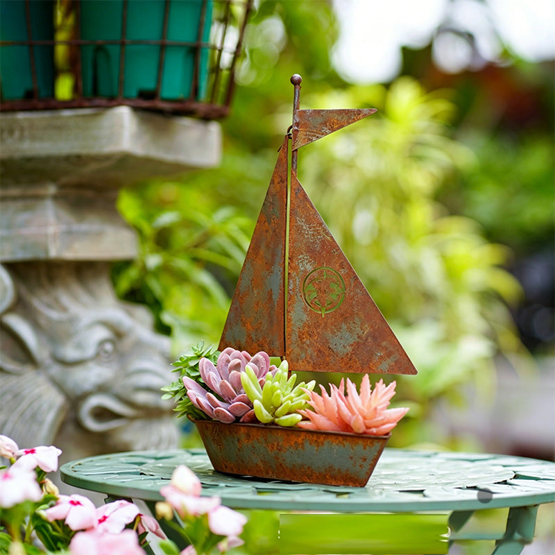 Rustic Sailboat Metal Planter – Handcrafted, weather-resistant & perfect for succulents, herbs or flowers – charming garden or shelf decor