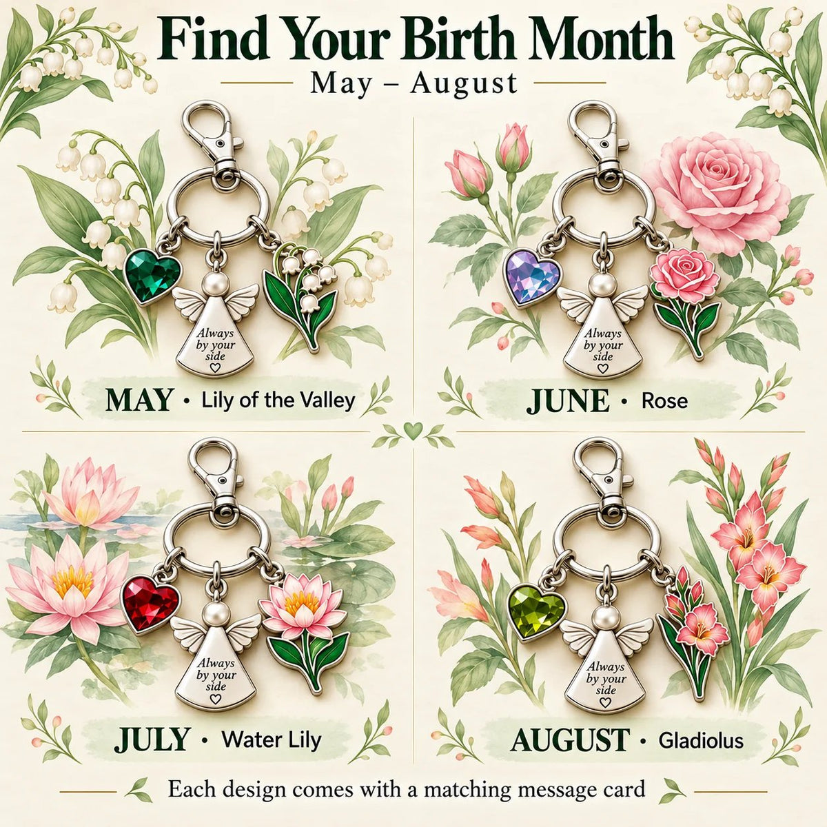 🔥LAST DAY 50% OFF - 👼 Always By Your Side: Birth Month Angel & Flower Keychain + Keepsake Card 🌸