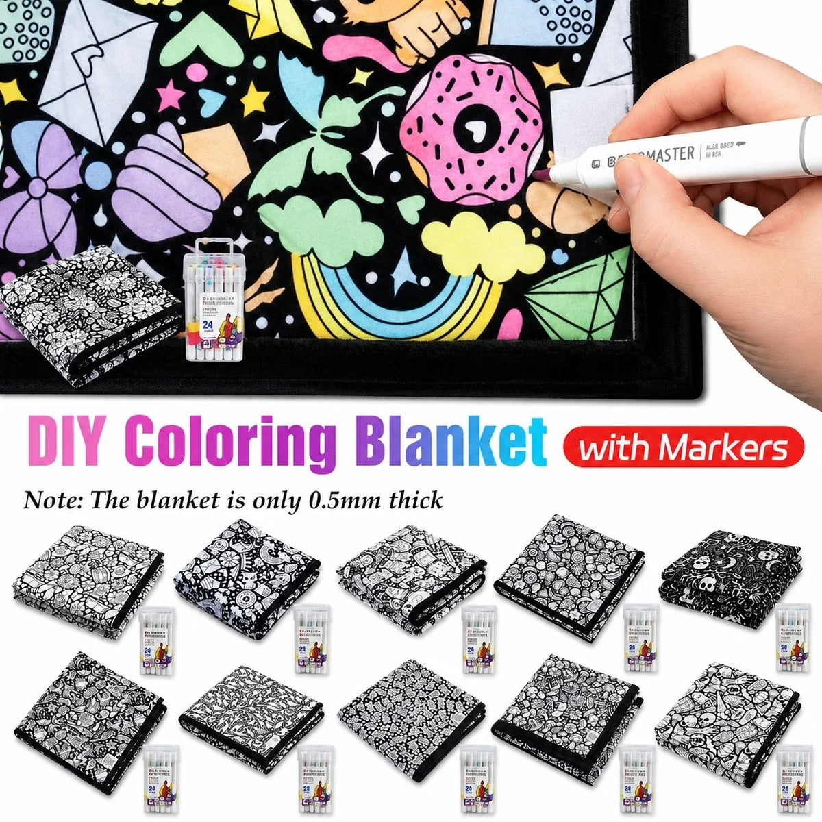 🎨 Fuzzy Velvet Coloring Blanket with 24 Markers | 8 Designs