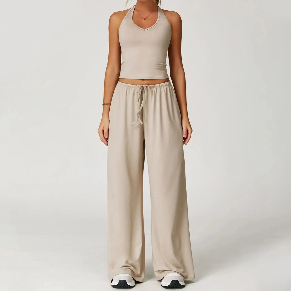 Women’s 2-Piece Silk-Like Lounge Set – V-Neck Strappy Top & Wide Leg Pants