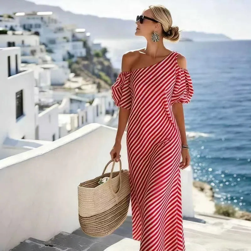 Women Striped Off Shoulder Dress – Elegant Flowy Summer Chic