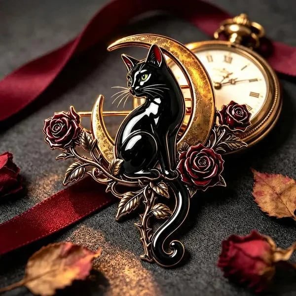 🐈‍⬛🌙 Black Cat Crescent Moon Brooch – Gothic Rose Statement Pin