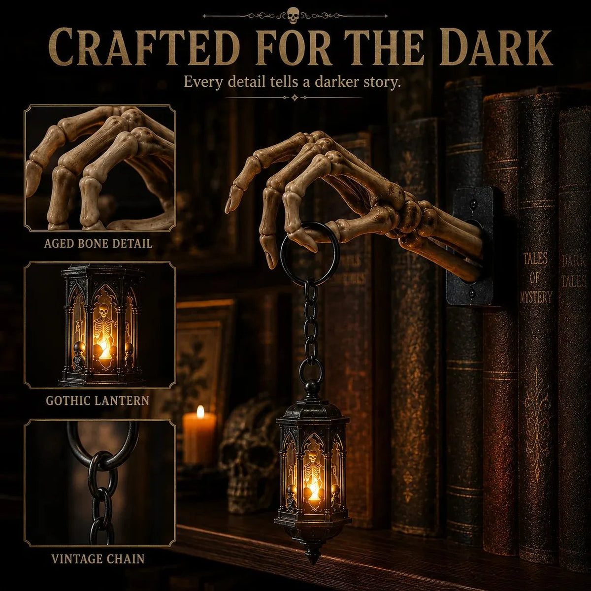 Gothic Skeleton Hand LED Lantern for Moody Bookshelf Decor
