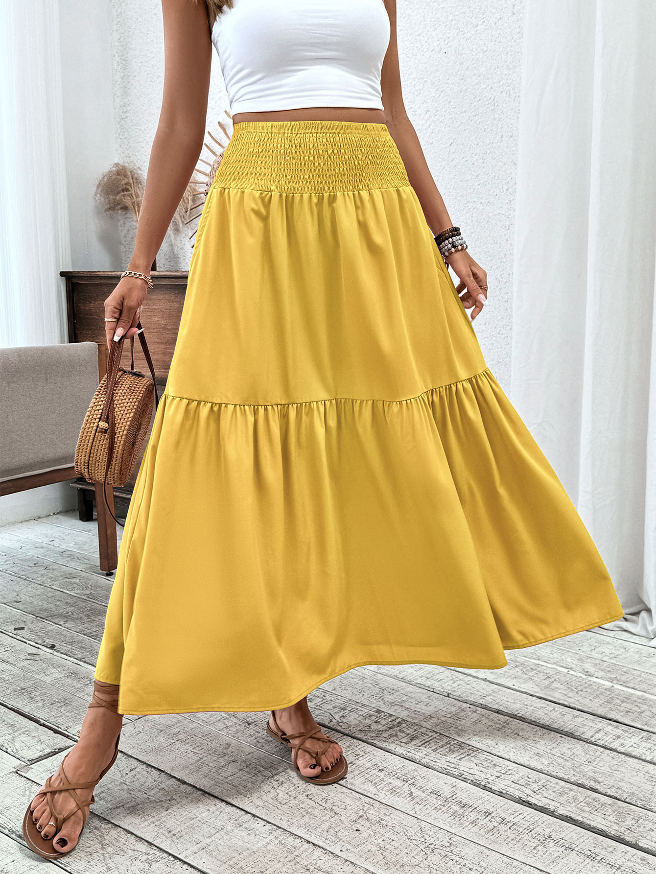 Floral print three-layer patchwork long skirt - Buy 2 items and get free shipping！