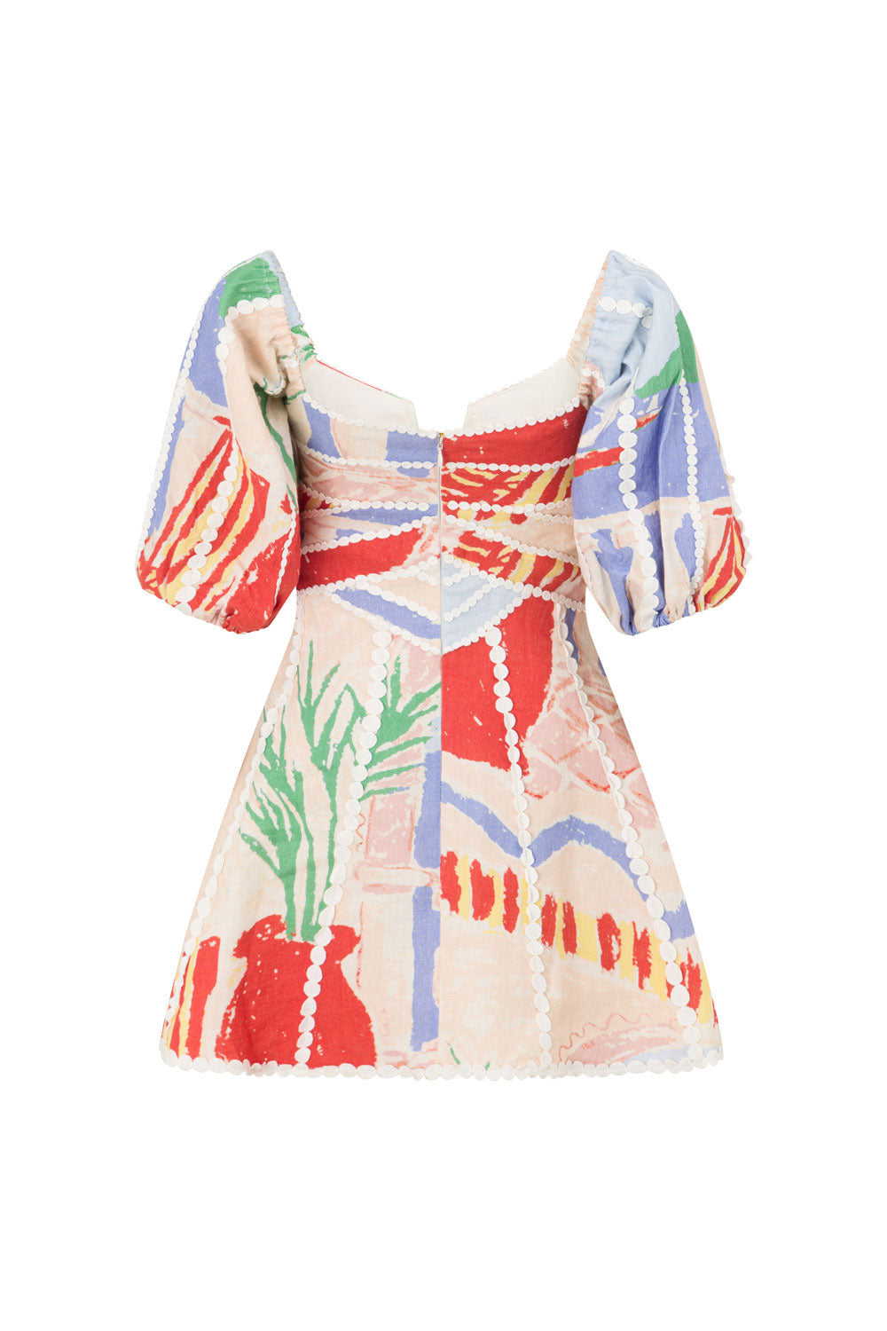 V Neck Puff Sleeves Ric Rac Trim Printed Mini Dress - Buy two and get free shipping!