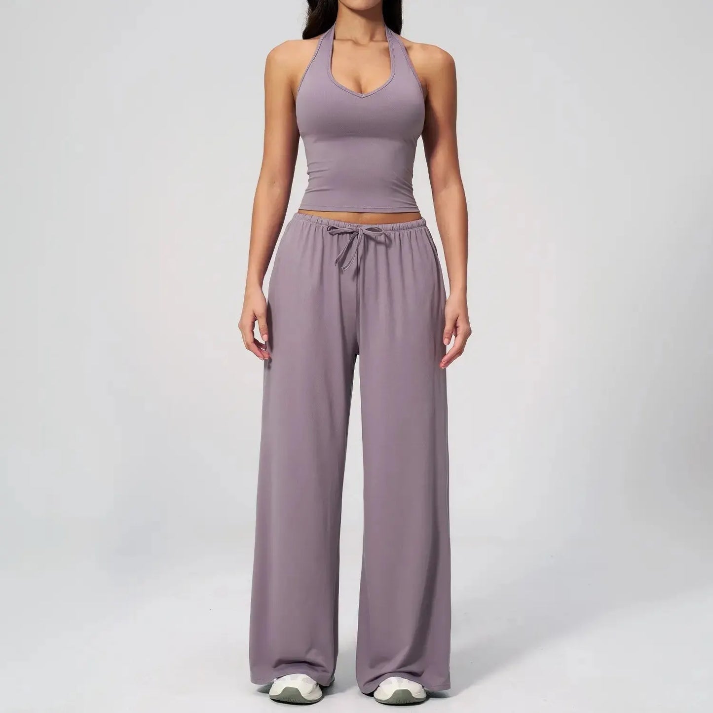 Women’s 2-Piece Silk-Like Lounge Set – V-Neck Strappy Top & Wide Leg Pants