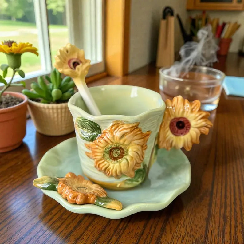 1 Set of Hand Painted Ceramic Cups & Saucers | 3D Starry Sky, Apricot Flower, Sunflower, Iris Tea | Coffee Mug | Round Plate and Spoon