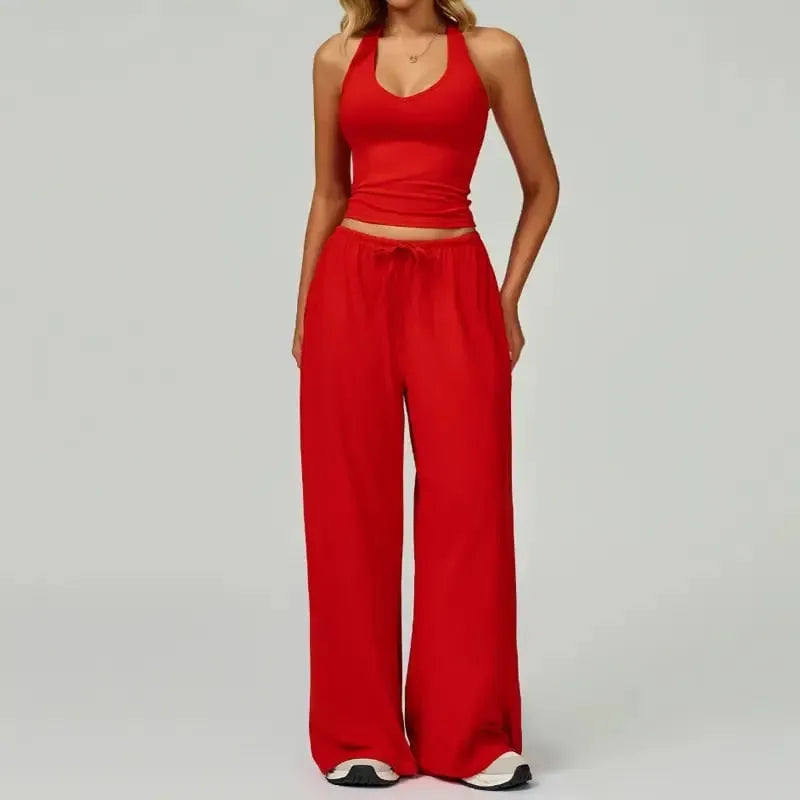Women’s 2-Piece Silk-Like Lounge Set – V-Neck Strappy Top & Wide Leg Pants