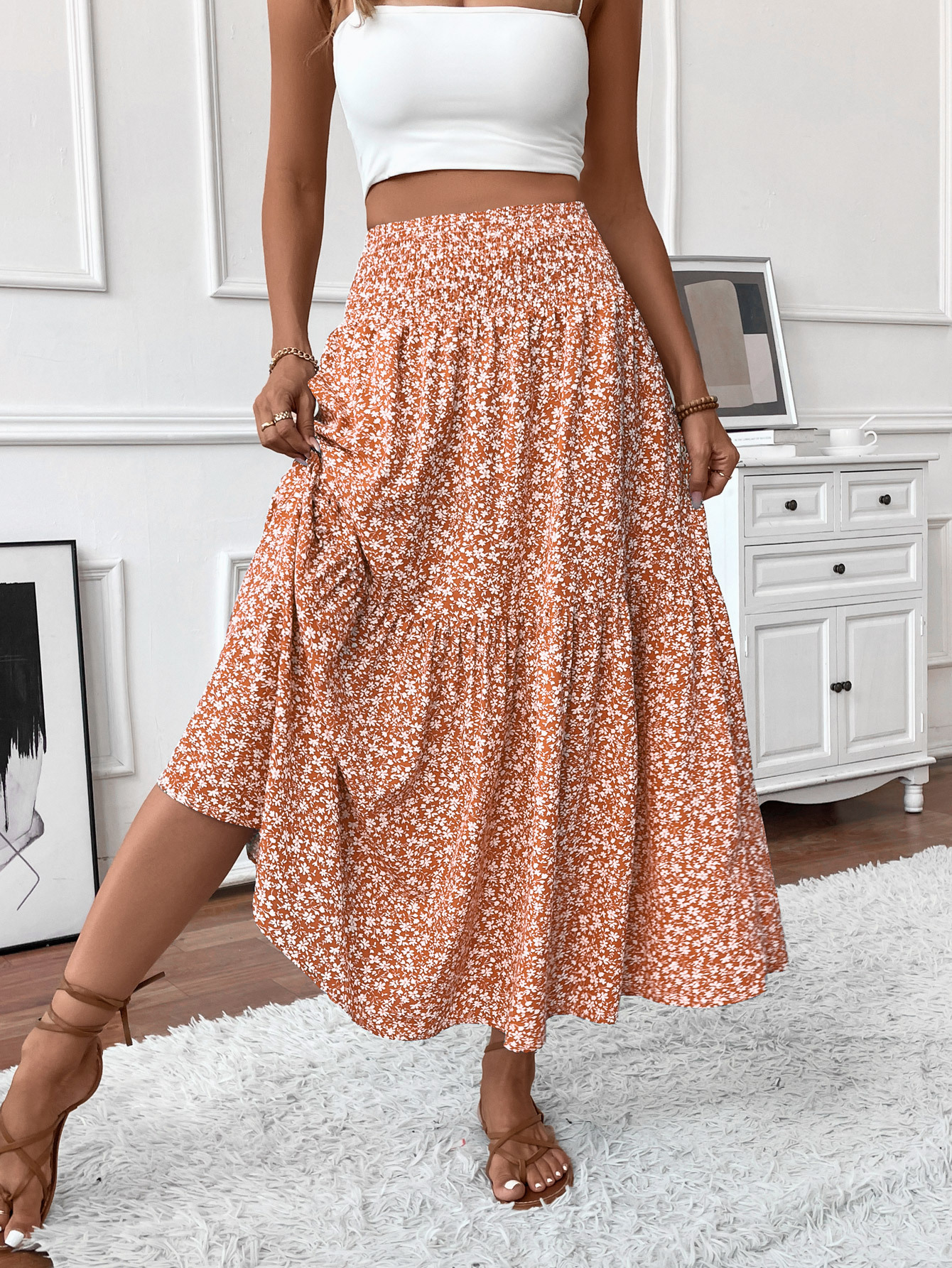 Floral print three-layer patchwork long skirt - Buy 2 items and get free shipping！