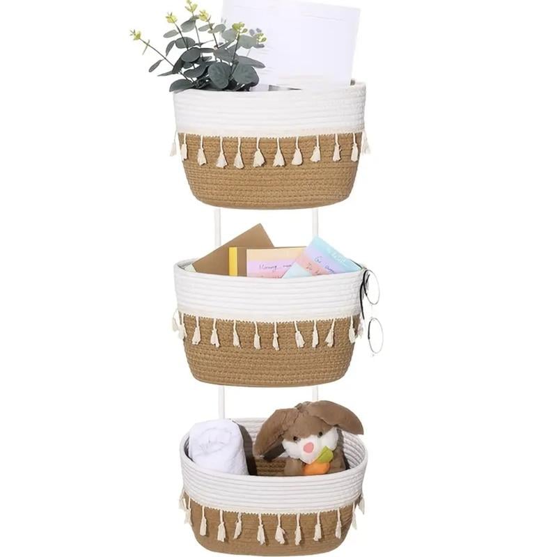 living room bedroom entryway Over The Door Hanging Basket Boho Woven Over-Door Storage Organizer – 3-Tier Cotton Hanging Baskets