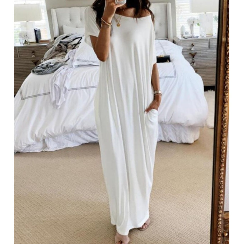 Women's Summer Casual Loose Solid Color Short-Sleeve Long Dress