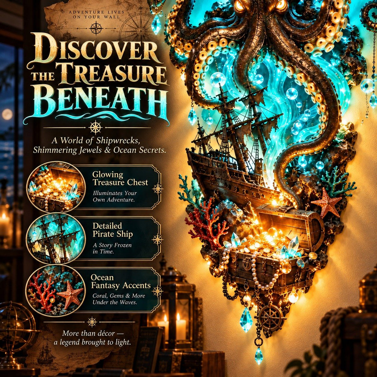 Octopus Wall Lamp with Pirate Ship and Treasure – A Legend from the Depths for Your Wall
