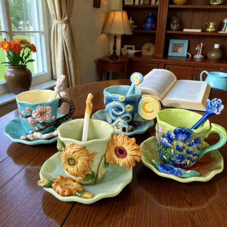 1 Set of Hand Painted Ceramic Cups & Saucers | 3D Starry Sky, Apricot Flower, Sunflower, Iris Tea | Coffee Mug | Round Plate and Spoon