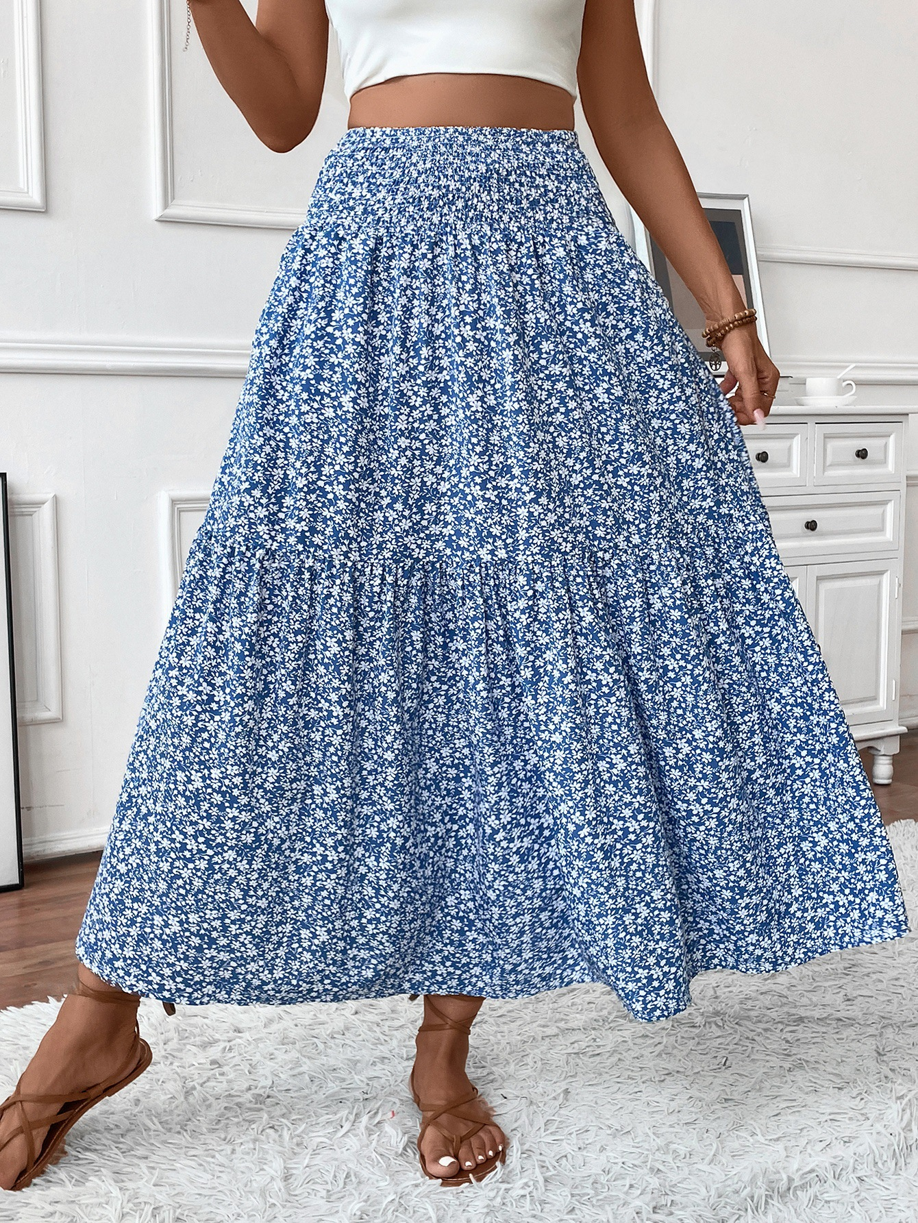 Floral print three-layer patchwork long skirt - Buy 2 items and get free shipping！