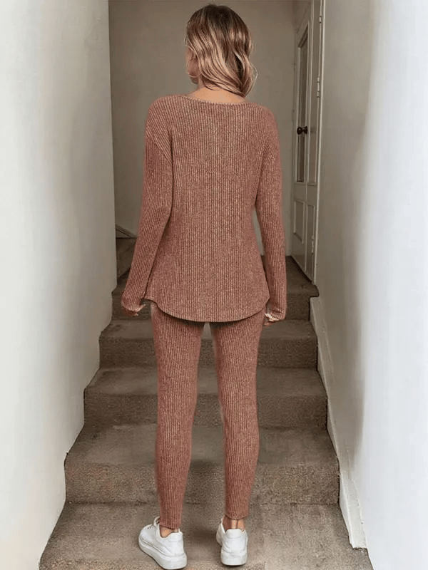 Women's Casual Plush Rib-Knit Long Sleeve T-Shirt And Leggings Set