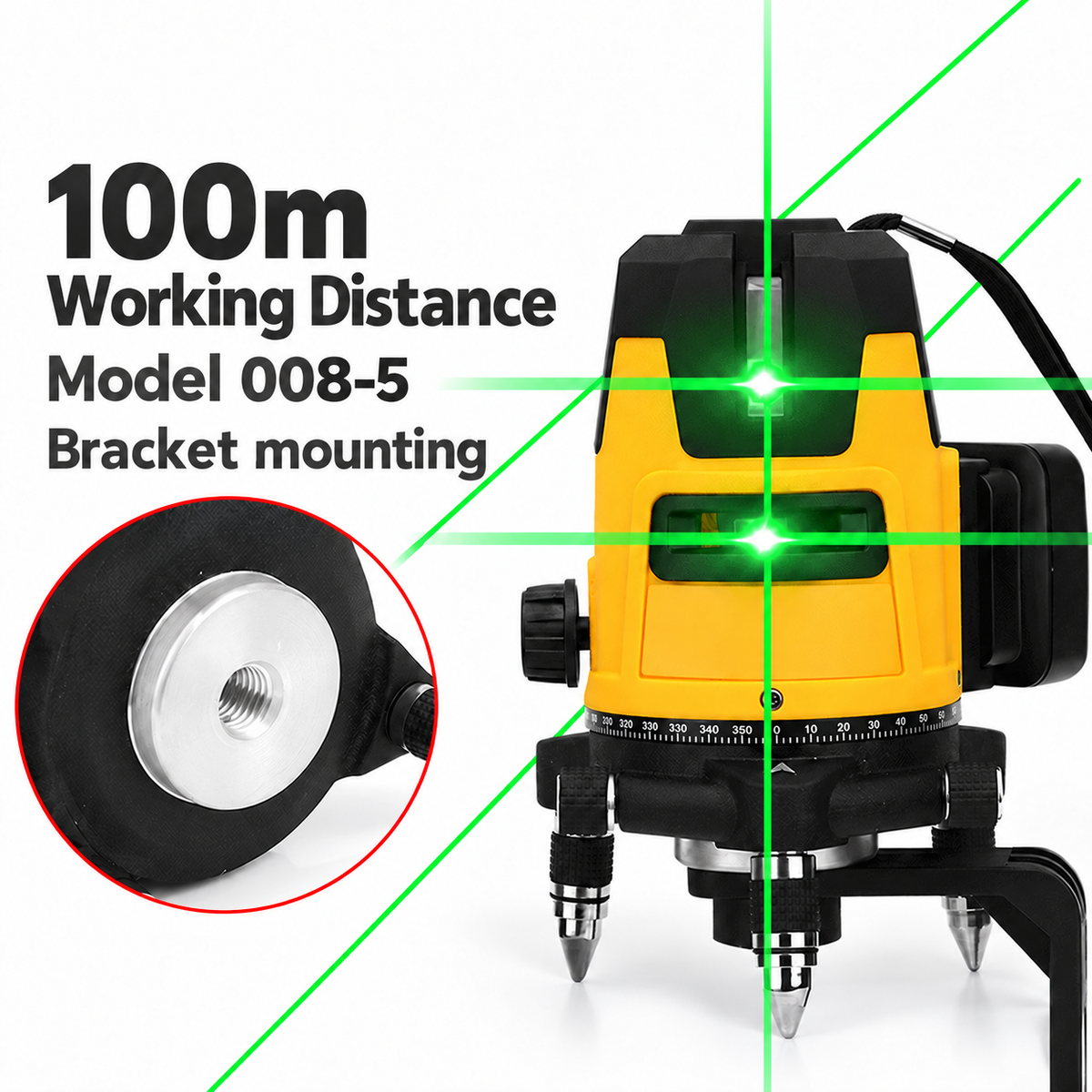 Green beam laser level - 100m working distance - model 008-5 - bracket mounting