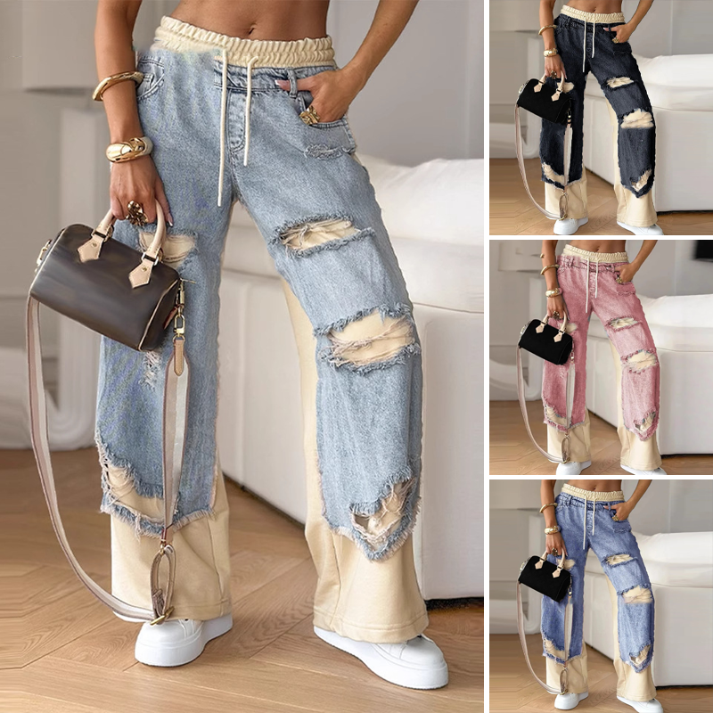 Patchwork denim elastic drawstring wide leg pants