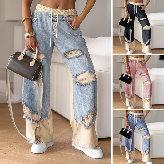 Patchwork denim elastic drawstring wide leg pants
