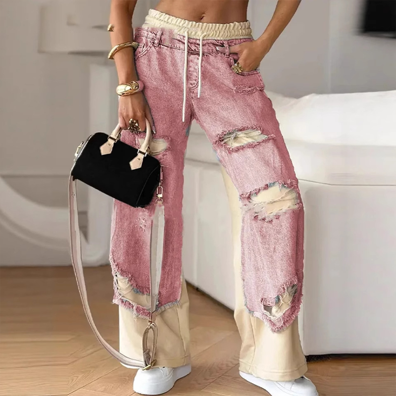 Patchwork denim elastic drawstring wide leg pants