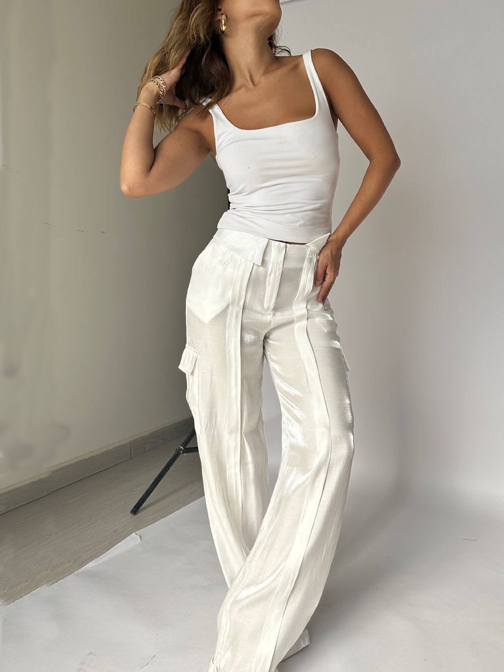 Golden Years Glitter Fabric Drawstring Waist Pocketed Wide Leg Pants - Buy two and get free shipping! mysite