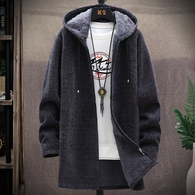 2023 Men Casual Sweaters Jacket Slim Long Thick Warm Hooded Sweater Coat mysite