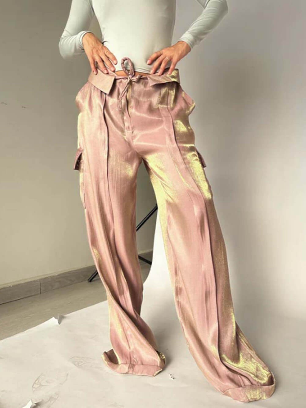 Golden Years Glitter Fabric Drawstring Waist Pocketed Wide Leg Pants - Buy two and get free shipping! mysite