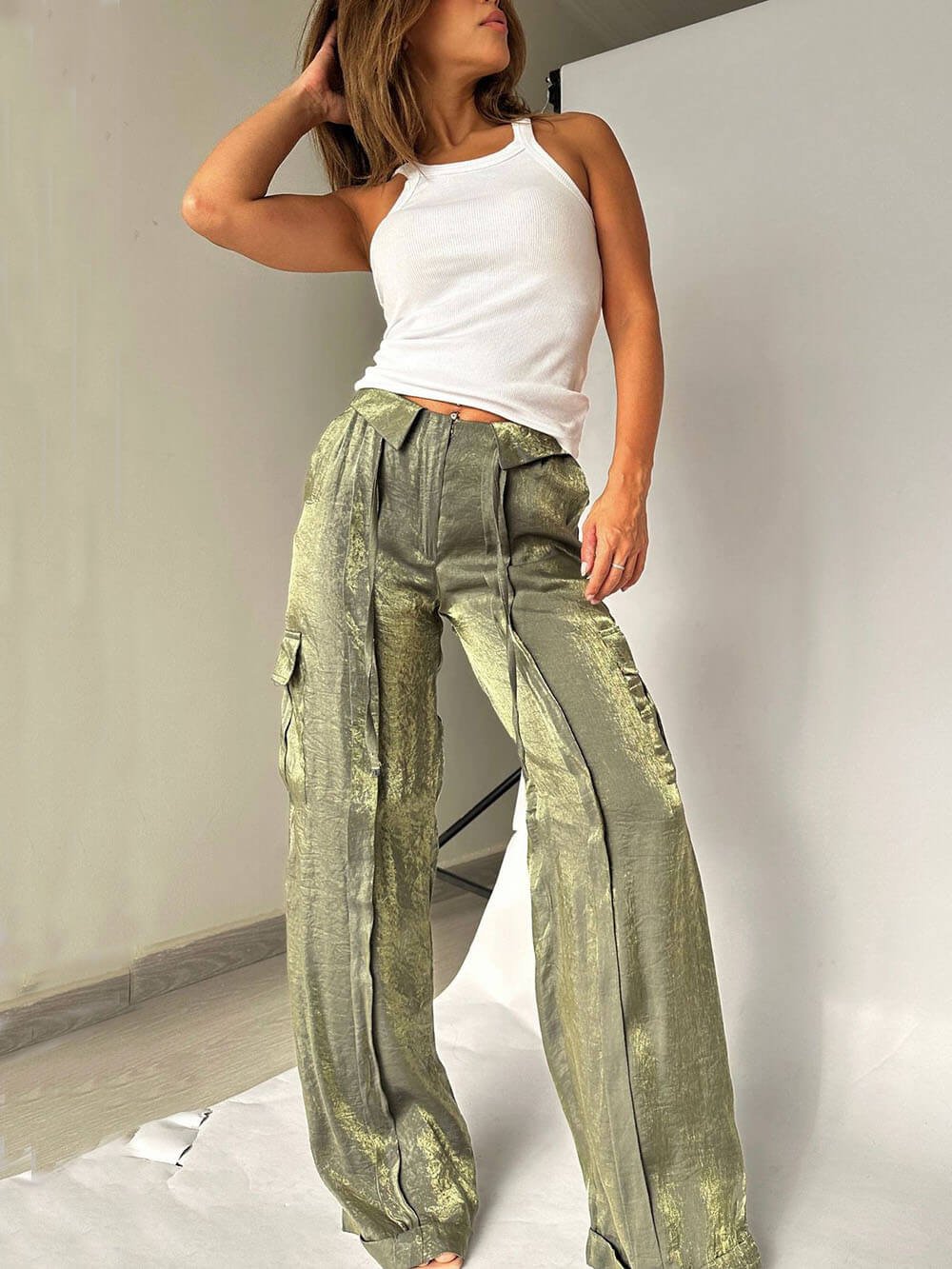 Golden Years Glitter Fabric Drawstring Waist Pocketed Wide Leg Pants - Buy two and get free shipping! mysite