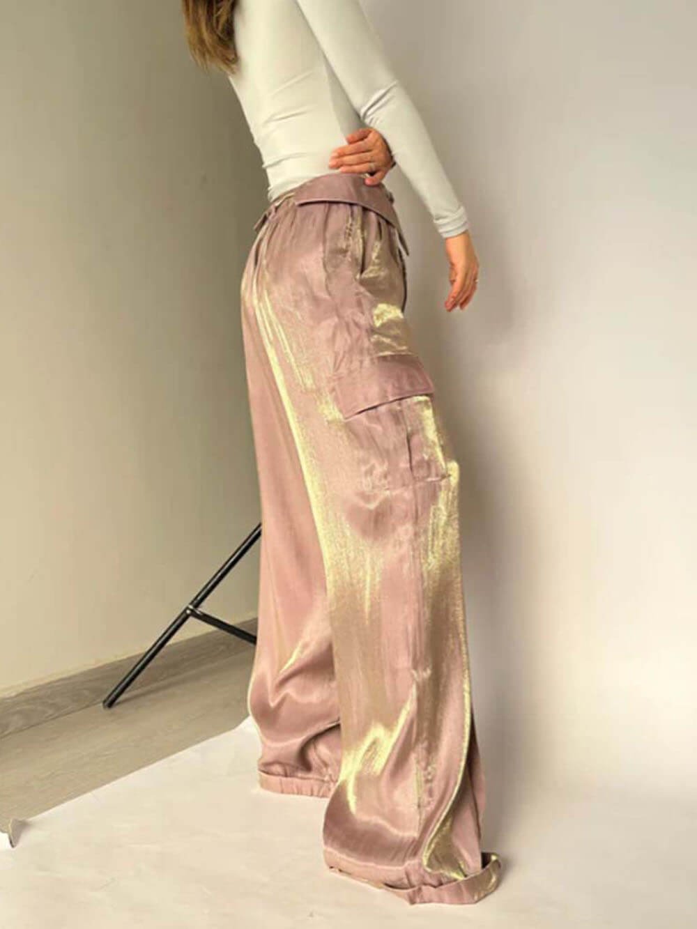 Golden Years Glitter Fabric Drawstring Waist Pocketed Wide Leg Pants - Buy two and get free shipping! mysite