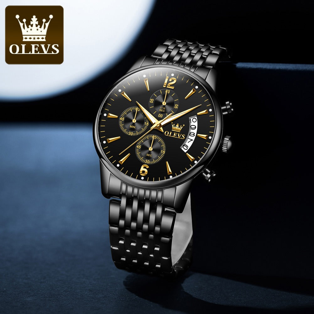 [OLEVS]Luxury Gold Three-eye Chronograph Dial Automatic Mechanical Watch