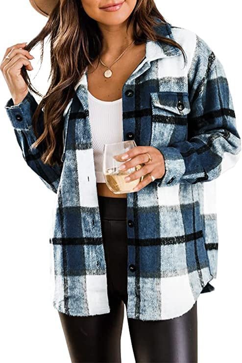 ✨Womens Casual Plaid Shacket Button Down Long Sleeve Shirt mysite