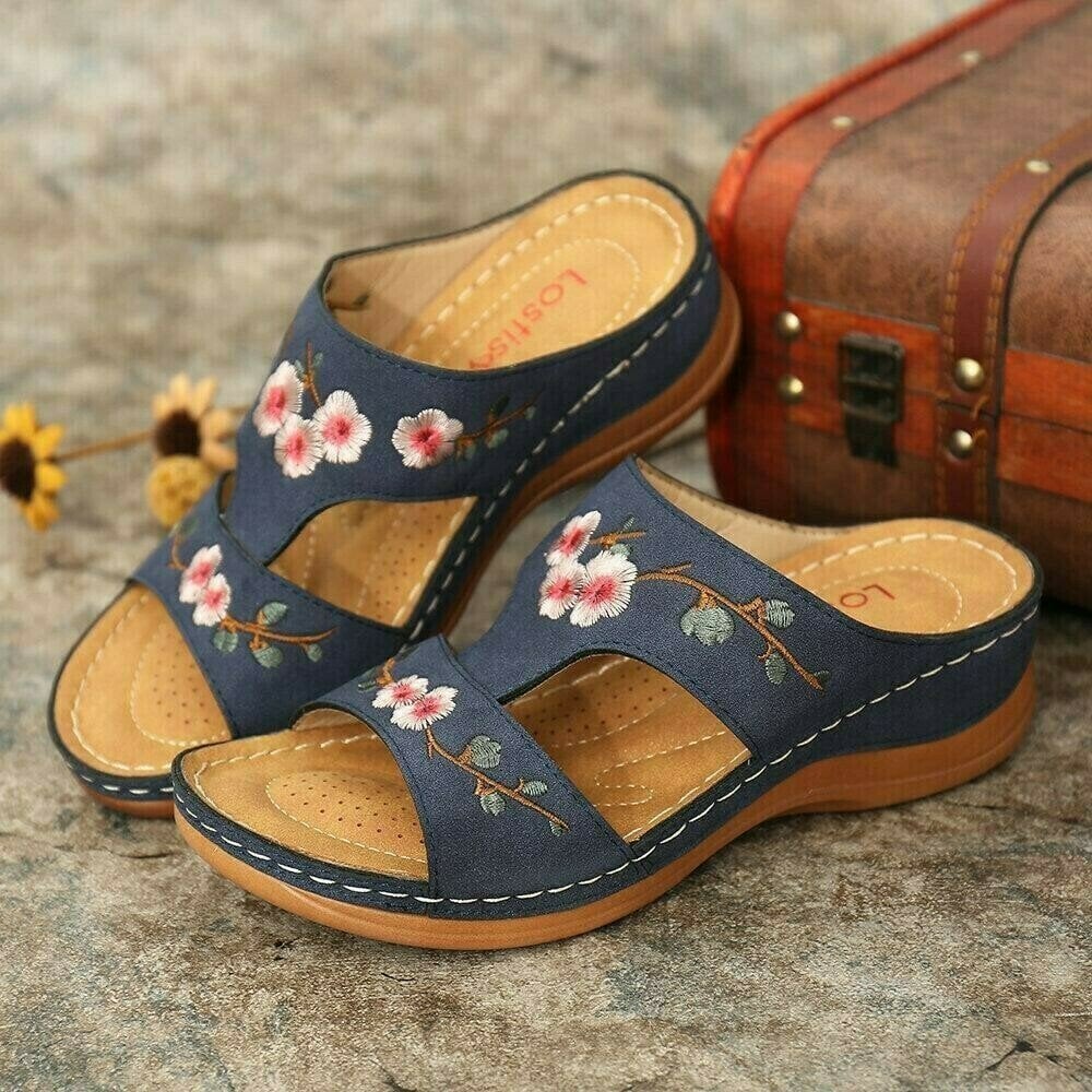 Flower Embroidered Vintage Comfy Wedges Sandals mysite