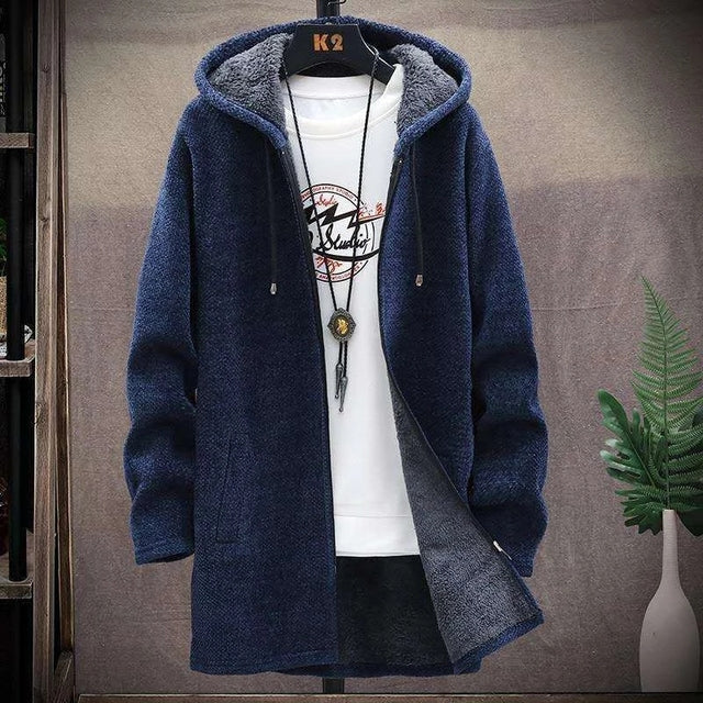 2023 Men Casual Sweaters Jacket Slim Long Thick Warm Hooded Sweater Coat